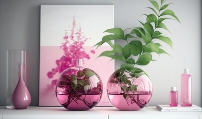  a couple of vases with plants in them on a table.  generative ai