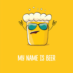 vector cartoon funky beer glass character with sunglasses isolated on orange background.vector beer comic label or poster design template. My name is beer or happy friday print illustration