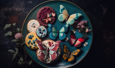 Obraz na płótnie Canvas a plate of cookies decorated with butterflies on a black table. generative ai