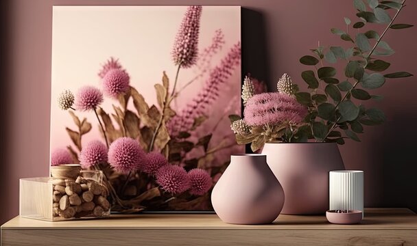  three vases with flowers on a shelf next to a painting.  generative ai