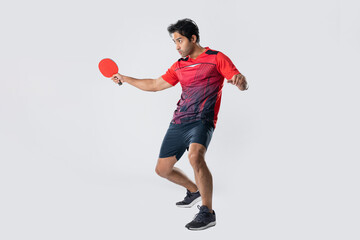 Portrait of sports man male athlete playing table tennis isolated. - obrazy, fototapety, plakaty