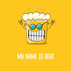 vector cartoon funky beer glass character with sunglasses isolated on orange background.vector beer comic label or poster design template. My name is beer or happy friday print illustration