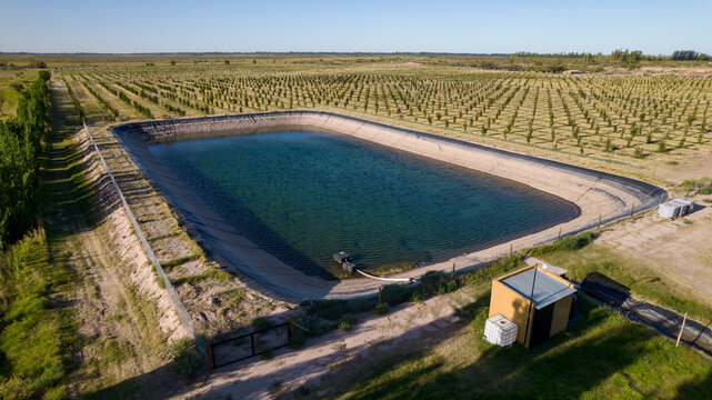 Aerial view of a water tank (pool) for irrigation in agriculture.