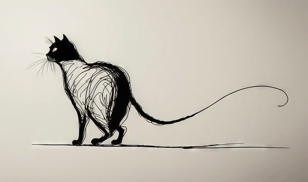  a black and white drawing of a cat on a wall.  generative ai