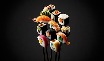  a bunch of sushi on a stick on a black background.  generative ai