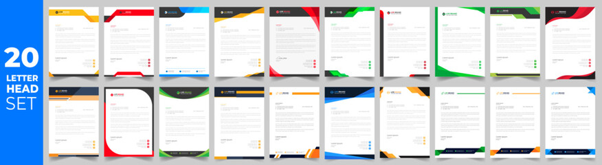 set of 20 Letterhead Bundle mega collection, Letterhead template set,  Corporate business letter head design template set with unique shape. business letterhead bundle.