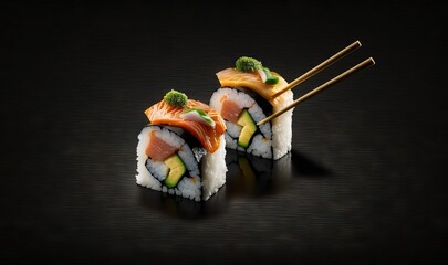  two sushi rolls with avocado, cucumber, and salmon.  generative ai