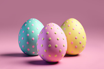 Three 3d easter eggs with polka dots on a pink background. Created with generative ai technology