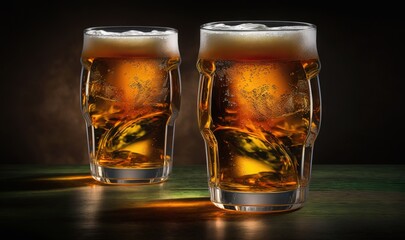  two glasses of beer sitting on top of a wooden table.  generative ai