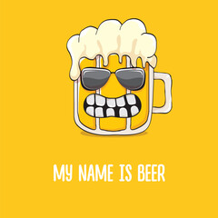 vector cartoon funky beer glass character with sunglasses isolated on orange background.vector beer comic label or poster design template. My name is beer or happy friday print illustration
