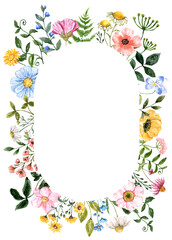 Oval-shaped floral frame. Watercolor wreath made of summer colorful wildflowers, grass, and foliage. Botanical invitation template with space for text.