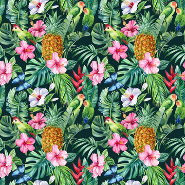 Tropical Leaves, colorful Birds and fruit pineapple. Lovebird watercolor Illustration. Seamless pattern, Jungle design