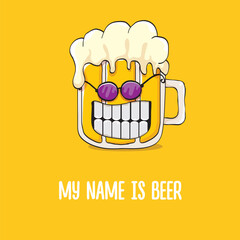 vector cartoon funky beer glass character with sunglasses isolated on orange background.vector beer comic label or poster design template. My name is beer or happy friday print illustration