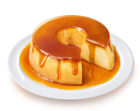 Delicioso pudim de baunilha com calda de caramelo em fundo transparente