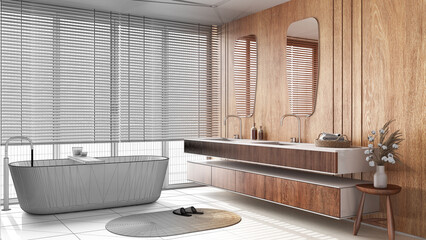 Architect interior designer concept: hand-drawn draft unfinished project that becomes real, minimalist wooden bathroom. Japandi style