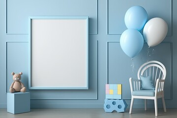 Blank frame in a blue children's room with toys and a table. Generative AI