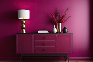 Red console table with horizontal frontal picture. Bright viva magenta 2023 hue - dark wine-tone wall painted empty with art space. Interior design mockup. Generative AI