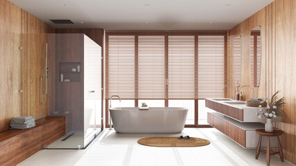 Japandi wooden bathroom in white and beige tones. Freestanding bathtub, shower and washbasin with...