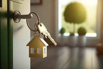 Opening door with golden house key chain on fuzzy interior background and mockup for your advertisement. Homebuying idea. Generative AI