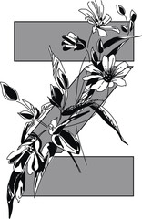 Spring Alphabet. Designer letter. Decorative font with floral motif. Black and white botanical image of a bouquet of forest flowers on the background of the letter