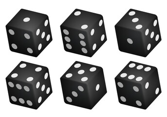 Black dice with white dots. Vector set isolated on white background. 3d dice.