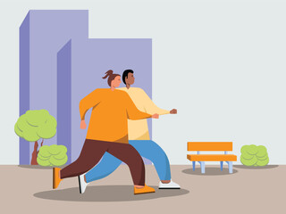 Jogging in the park. Boy and girl. Vector image.