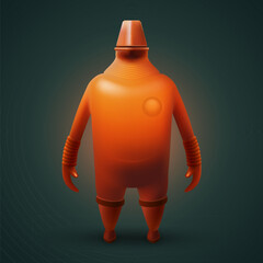 Senior Super Hero Robot Defender of the Universe. Tough Orange Fat Bot Humanoid Mascot Character Illustration on Dark Backdrop