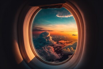 Inside plane window under sunset cloud Made with Generative AI