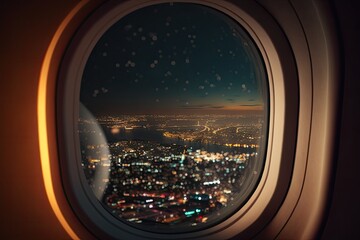 Fototapeta premium Inside plane window under city light Made with Generative AI