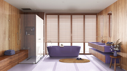 Japandi wooden bathroom in purple and beige tones. Freestanding bathtub, shower and washbasin with mirror. Marble tiles floor. Clean interior design