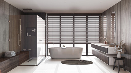 Fototapeta premium Japandi dark wooden bathroom in white and beige tones. Freestanding bathtub, shower and washbasin with mirror. Marble tiles floor. Clean interior design
