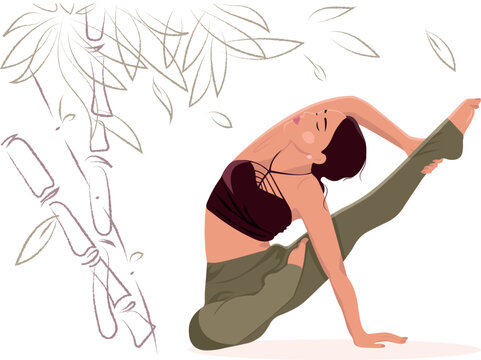 Qigong poster. Yoga poster. Woman doing yoga, qigong. QI ENERGY. BACKGROUND PARCHMENT. BAMBOO.