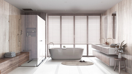 Fototapeta na wymiar Japandi bleached wooden bathroom in white and beige tones. Freestanding bathtub, shower and washbasin with mirror. Marble tiles floor. Clean interior design