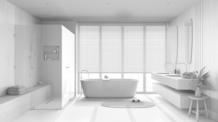 Naklejka na ściany i meble Total white project draft, japandi wooden bathroom. Freestanding bathtub, shower and washbasin with mirror. Marble tiles floor. Clean interior design