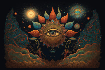 Sham Collection · Visionary Art · Ayahuasca · Cosmic Connection · Oneness · Third Eye Activation · Meditation · Spirituality · Shaman Journey · Psychedelic Art - obrazy, fototapety, plakaty