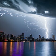 Realistic lightning bolts flashes composition with view of night city sky with clouds and thunderbolt images  illustration, Realistic concept art. Cartoon digital painting. Generative AI
