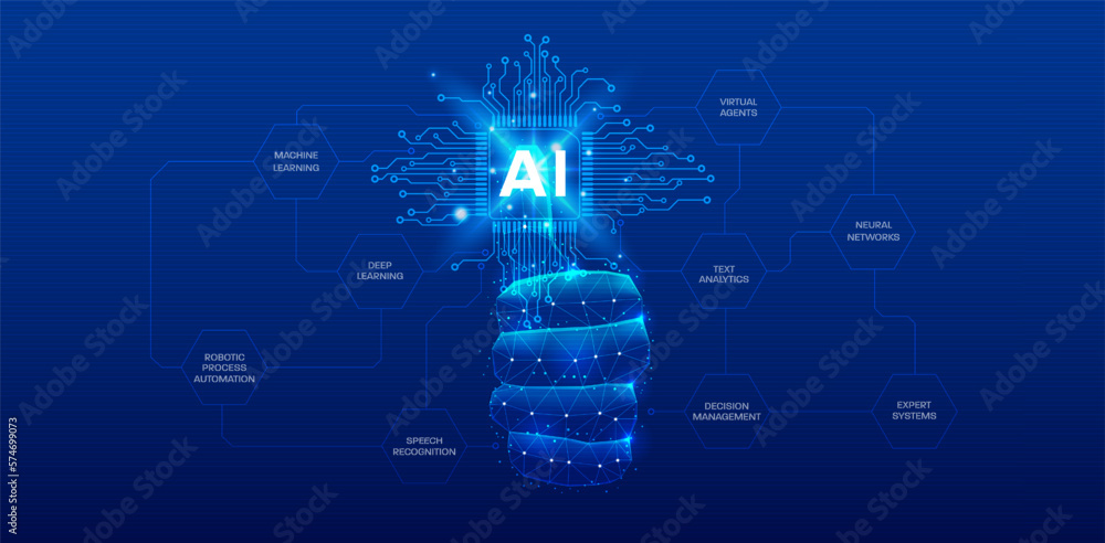 Aufkleber Abstract low poly hand thumb up at circuit CPU microprocessor. AI artificial intelligence digital technology infographic vector.
Enhancing global business, big data concept.