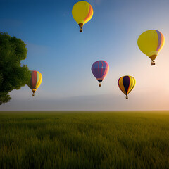 Naklejka premium Hot air balloons with different colors stripes, colorful aerostat on nature background. 3d photo realistic vector illustration. Realistic concept art. Cartoon digital painting. Generative AI 