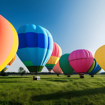 Hot air balloons with different colors stripes, colorful aerostat on nature background. 3d photo realistic vector illustration. Realistic concept art. Cartoon digital painting. Generative AI


