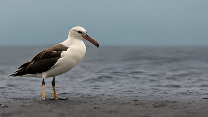 Obraz premium White Albatross Standing Serenely on Damp Beach Sand. Generative AI