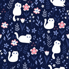 Seamless pattern with cute white cats and flowers. Vector graphics.