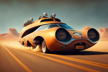 Family car going with supersonic speed, concept of Acceleration and Vacation, created with Generative AI technology - obrazy, fototapety, plakaty