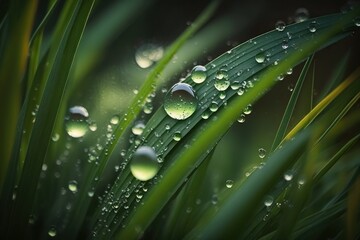 Grass with drops of water close up, concept of Macro Photography, created with Generative AI technology