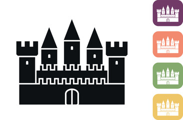 Obraz premium Medieval ancient castle outline icon. Fortress. Medieval architecture. Vector illustration of knight castle with walls and towers on white background and various color background