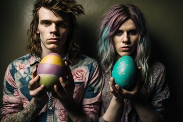 Lgbtqia+ couple holding easter eggs, generative ai