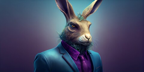 3d rendered Illustration of Surreal Mammalian Hybrids creature. half man. half rabbit in mythologie wearing a shirt and jacket easter bunny. illustration. Generative AI