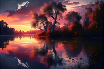 illustration of sunset over the river. Generative AI