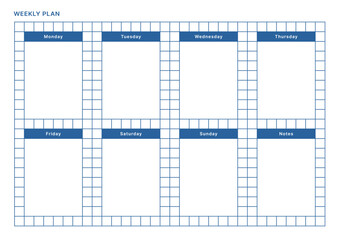 A weekly plan design template in a modern, simple, and minimalist style. Note, scheduler, diary, calendar, planner document template illustration.