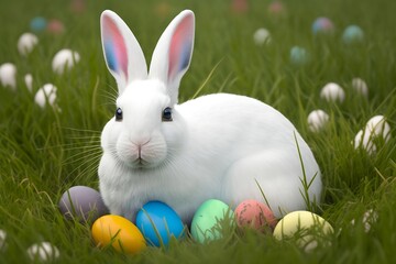 white rabbit with Easter eggs on grass