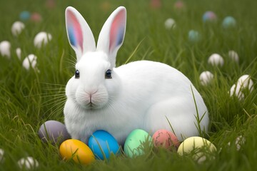 Fototapeta premium white rabbit with Easter eggs on grass